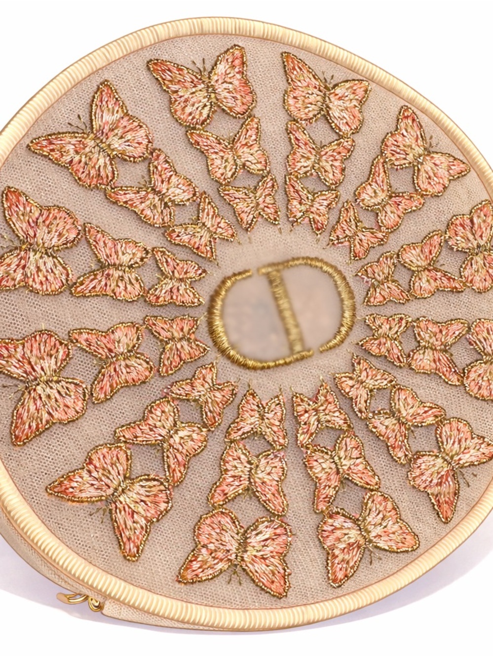 Dior Pink Butterfly Embroidered Round Jewelry Pouch
